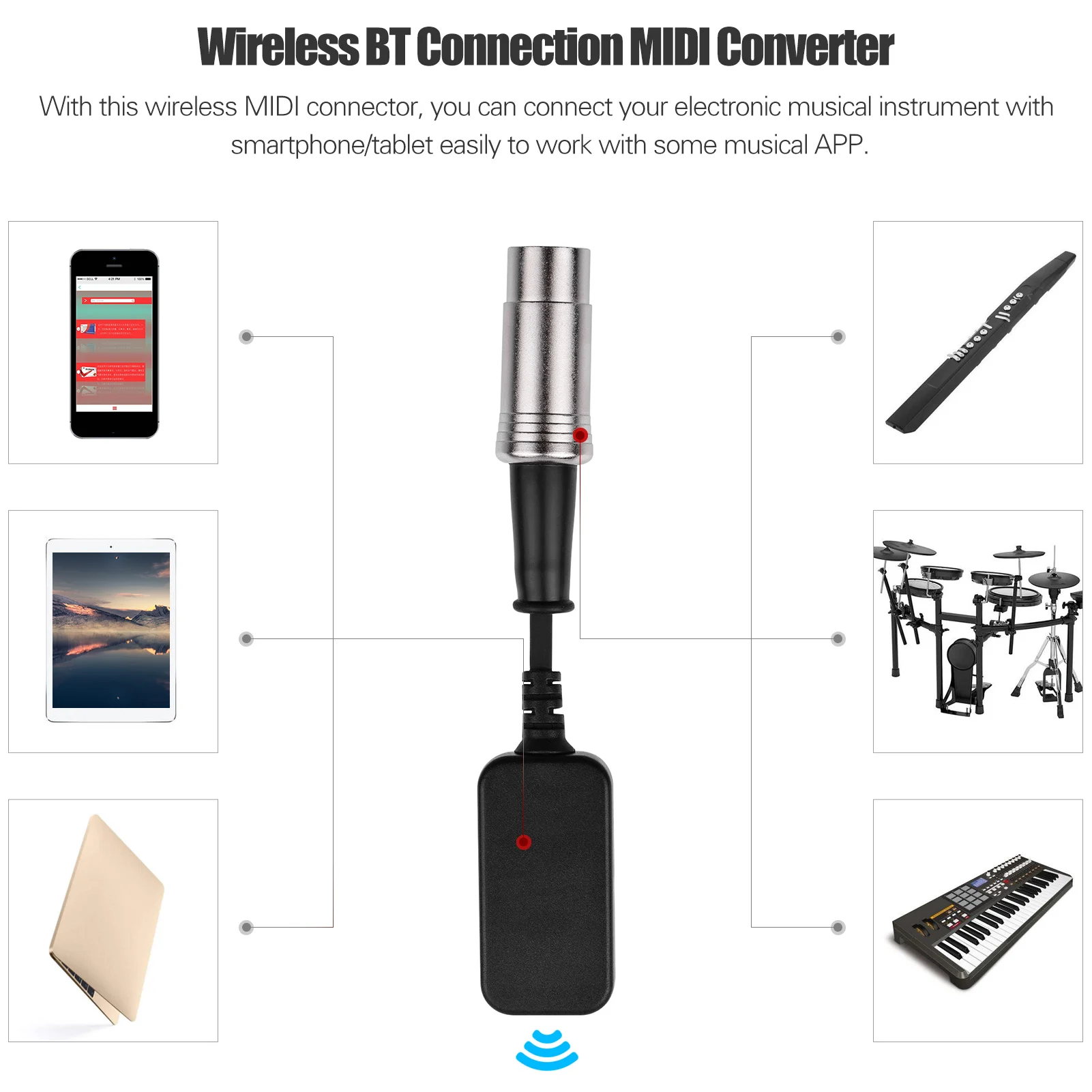 

Wireless MIDI Connector Adapter BT Connection Converter with 5-PIN DIN MIDI Output Plug Compatible with WX5 EWI4000S EWI5000