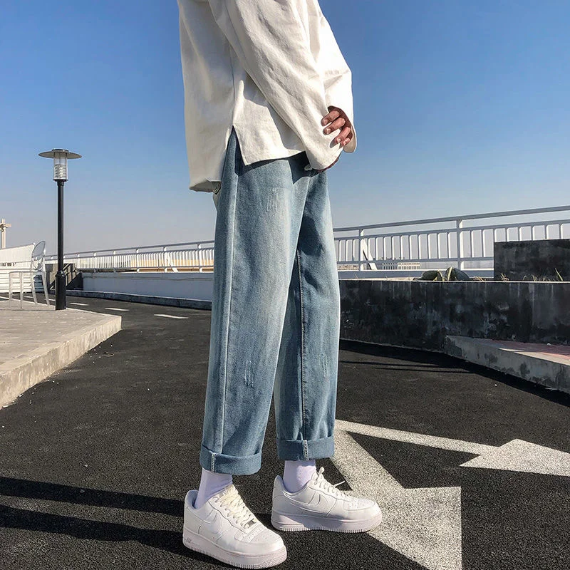 

Washed Denim Pencil Pants Men's Casual Loose Jeans Youth Trend Nine-point Trousers Slim-fit Straight-leg Pants Four Seasons