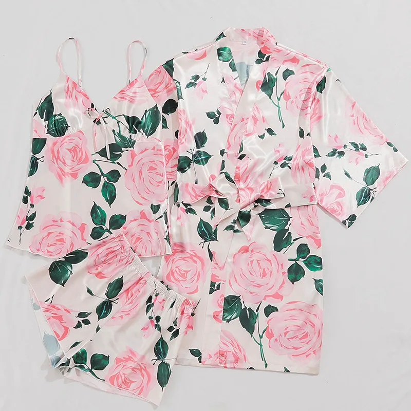 

С принтом роз для женщин свободный комплект для девочек, повседневные шорты для мальчиков майка с цветочным рисунком из 3 частей шелковые же...