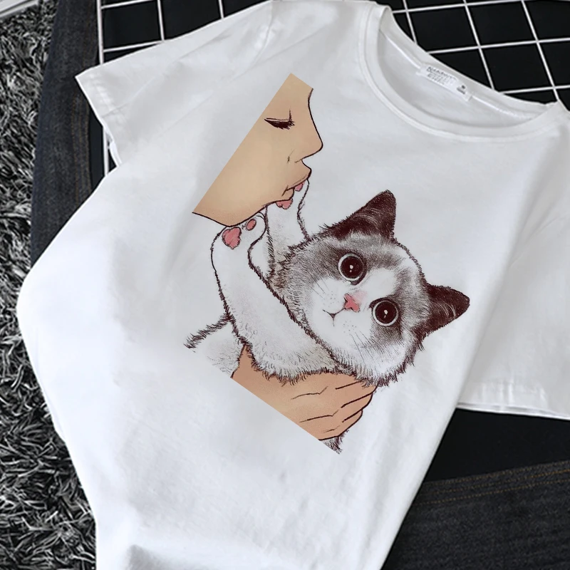 

UUKL Shirts Women 2020 Summer Ropa Mujer White T Shirt Harajuku Kawaii Animal Print Cat Tshirt Leisure Fashion Female T-shirt