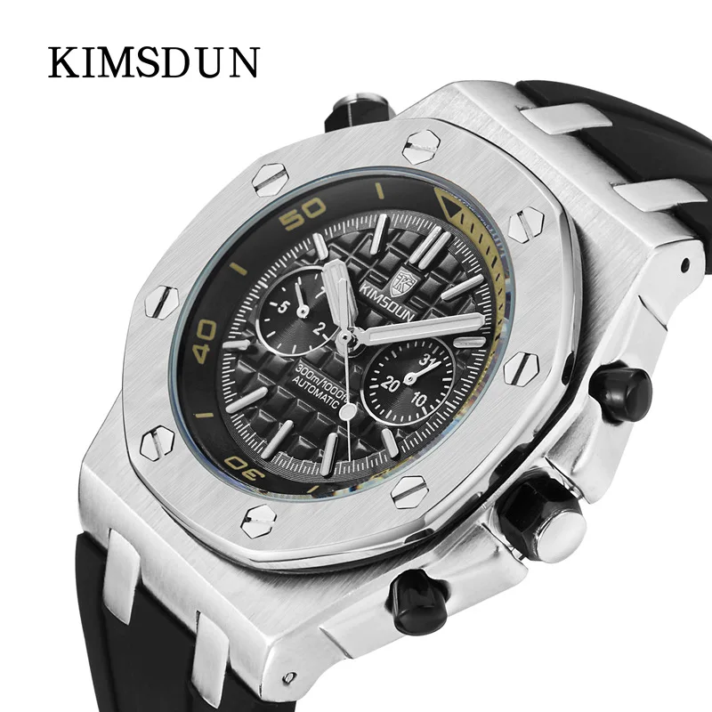 KIMSDUN Мужские автоматические механические часы серебристо черные силиконовые