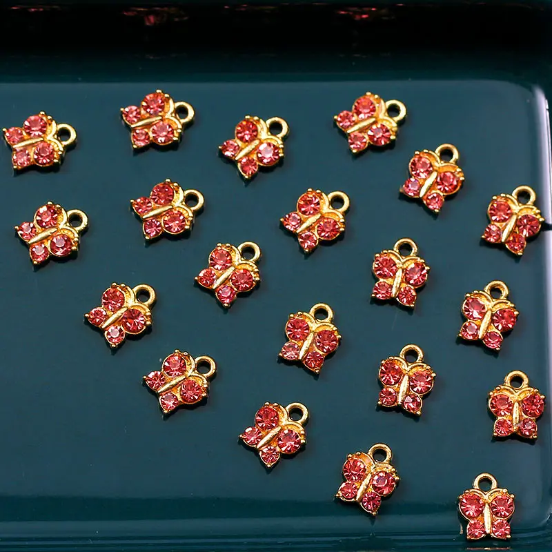 

10Pcs 10*8mm Shiny Red Crystal Cute Butterfly Charm Gold Color Alloy Insect Pendant Wholesale For Jewelry DIY Handmade Supplies