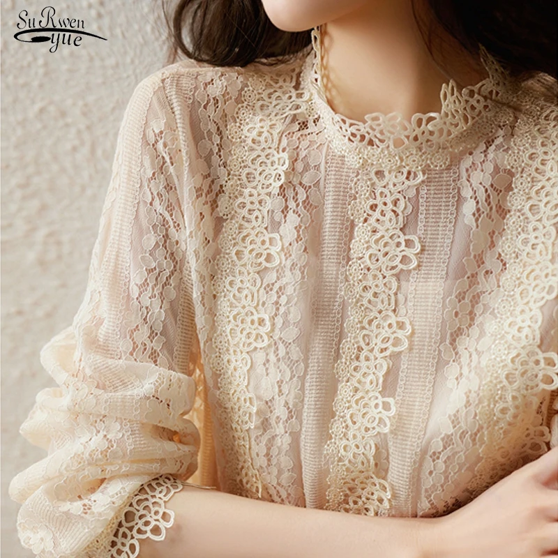 

Sweet Elegant Party Blouses Women Stand Collar Lace Blouse Hollow Out Long Sleeve Top Female Spring Crochet Lace Shirts 18329
