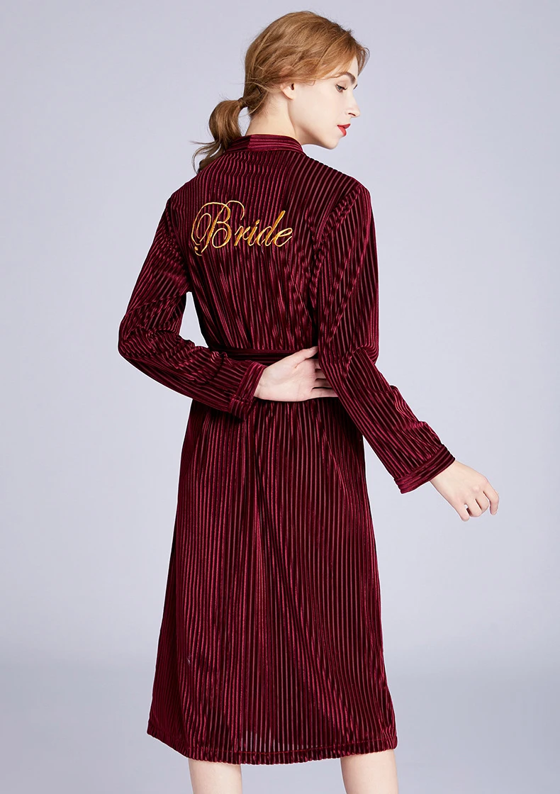 wine red bride Брендовый дизайнерский велюровое кимоно халат женский с вышивкой невесты Свадебный халат платье сексуальное Длинное ночное белье M L XL - Цвет: wine red bride