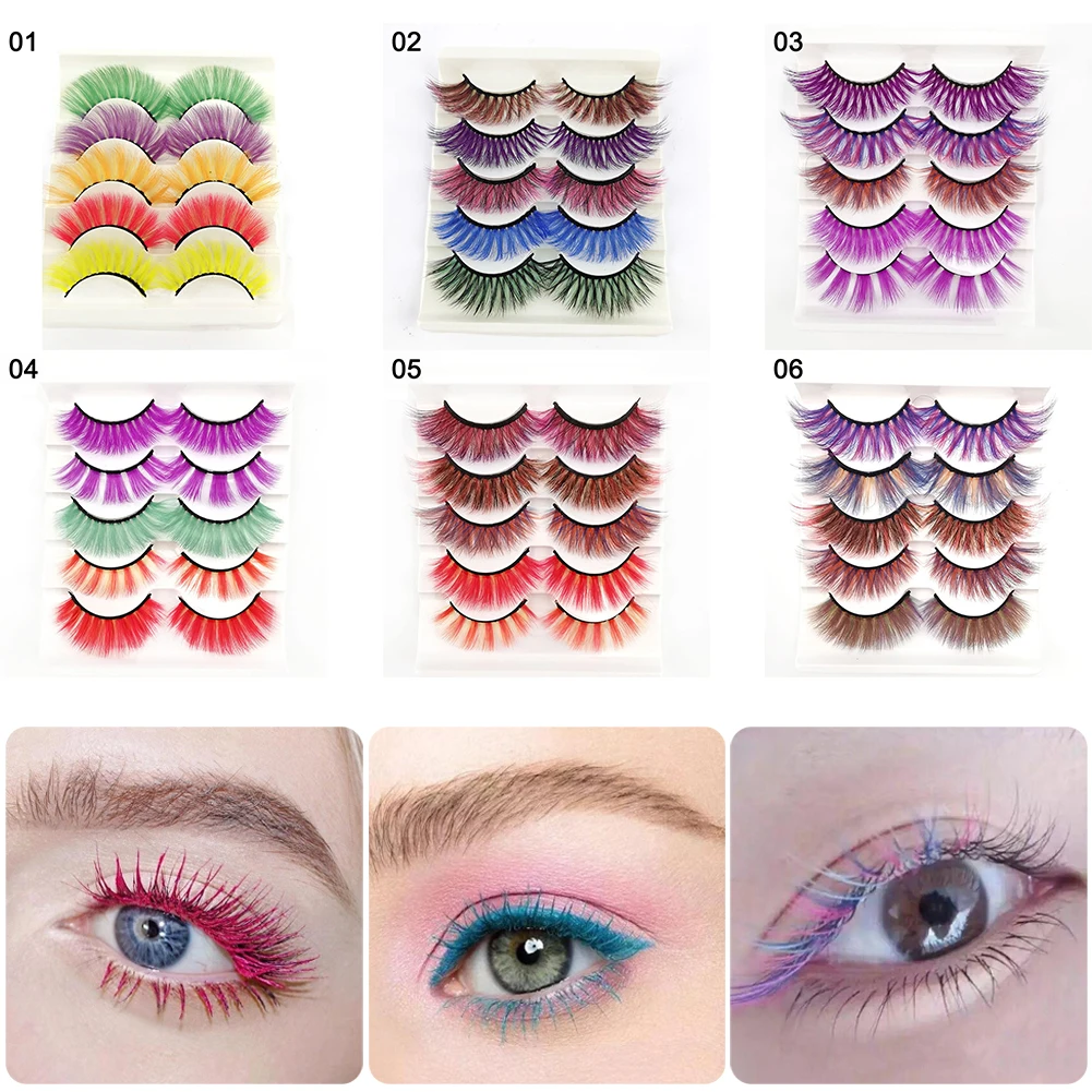 

Colorful Fake Eyelashes Lash Faux Mink False Eyelashes for Halloween Party Cosplay Mixed Color Extension Supplies Makeup 5 Pair