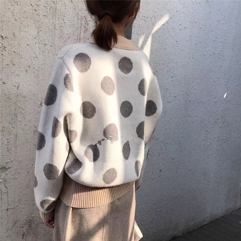 Autumn Winter Sweater Cardigan Women Vintage Loose V-neck knitted Open Stitch Jumpers Female Thicken Dots Knit Tops 2019 |