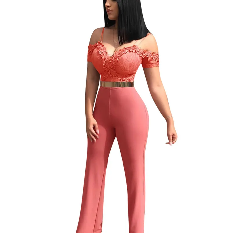 2019 Синий Розовый обтягивающий кружевной комбинезон с широкими штанинами женские