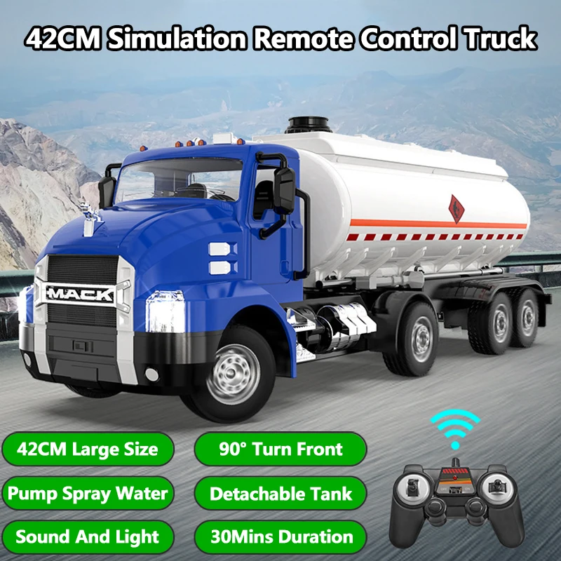 Enlarge Large Simulation Remote Control Tanker 42CM Turn Front Pump Detachable Tank Spray Water Sound&Light 30Mins RC Truck Model Toy