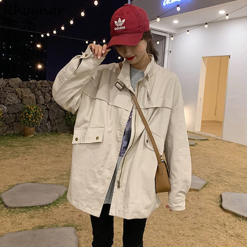 

Basic Jackets Women Solid Stand Collar Female All-match Vintage Trendy Loose Streetwear Harajuku Autumn New Students Outwear