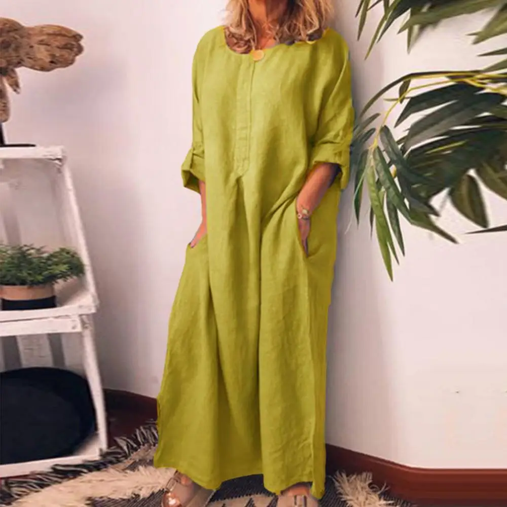 Hot Sales Casual Women Solid Color Oversize Maxi Cotton Linen Long Shirt Kaftan Dress