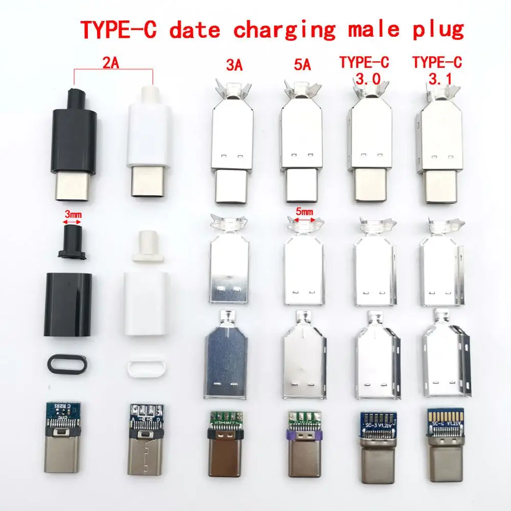 

5sets/pack Welding wire type USB 3.1 2A/3A large current 5A Type-c DIY Assembled USB Pulg Male Connector Charging Cable Parts