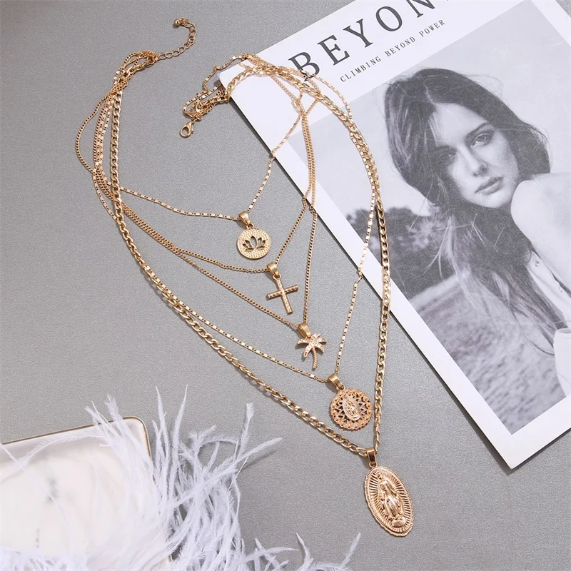 

Multi layer Pendant Necklace Fashion Bohemian Pendant For Women Vintage Cross Lotus Virgin Mary Collar Choker Bead Chain Jewelry