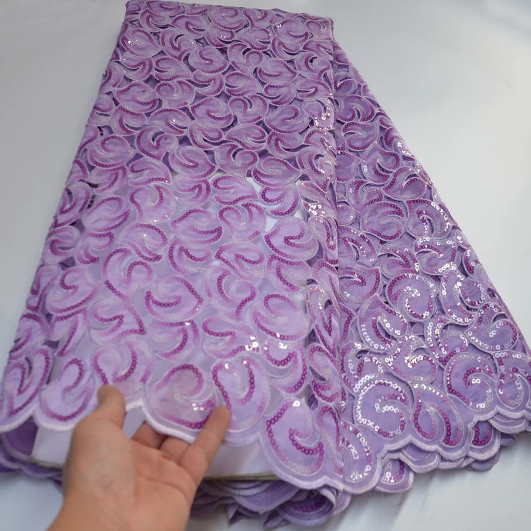 

(5yards/pc) High quality lilac purple African sequins organza lace delicate hand cut Nigerian lace fabric for party dress PO142