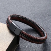 punk classic mens leather bracelet simple black stainless steel magnetic buckle fashion accessories hand woven party jewelry