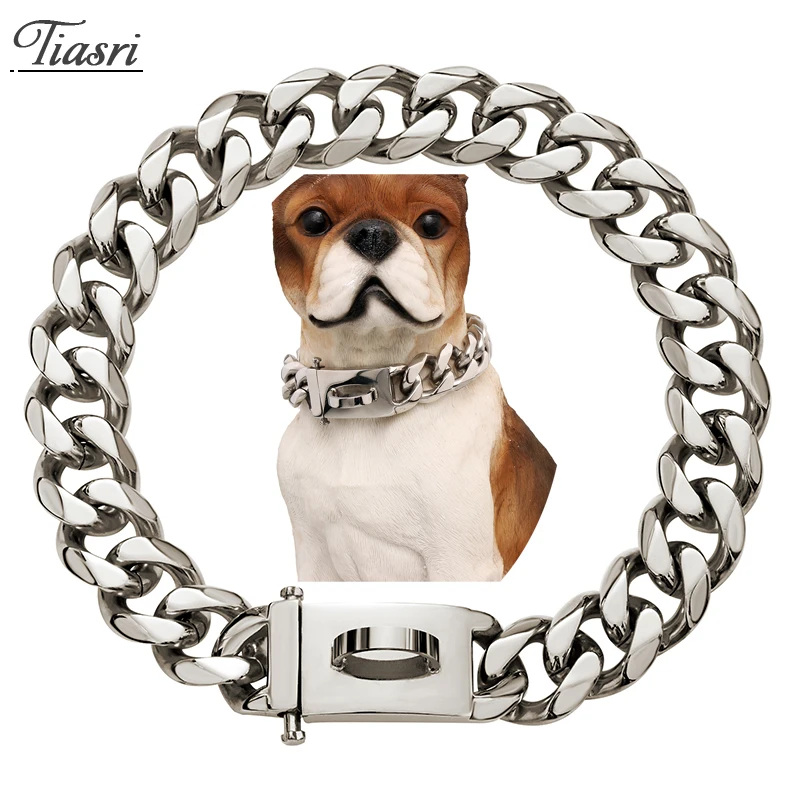 

19mm Silve Color Solid Stainless Steel Dog Leash Collar Necklace Choker Cuba Miami Chain Hot Sale Pet Supplies High Polished