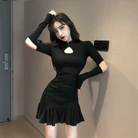 model real shot 2019 autumn and winter new fashion temperament improved cheongsam slim ruffled long sleeved dress