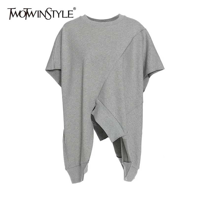 

Женская Асимметричная футболка TWOTWINSTYLE, Повседневная Свободная футболка с круглым вырезом и коротким рукавом, с асимметричным подолом