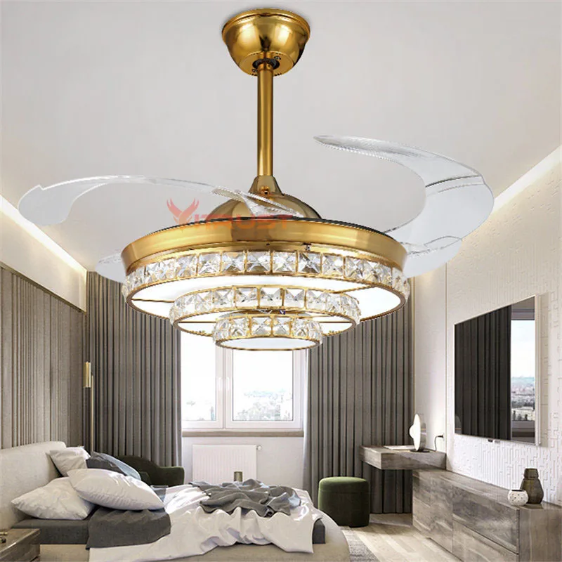 NEW Crystal Ceiling fan Lights 42 Inch Invisiable Gold Fans Lighting Living Room Dining Hanging Bedroom 110V 220V | Лампы и освещение