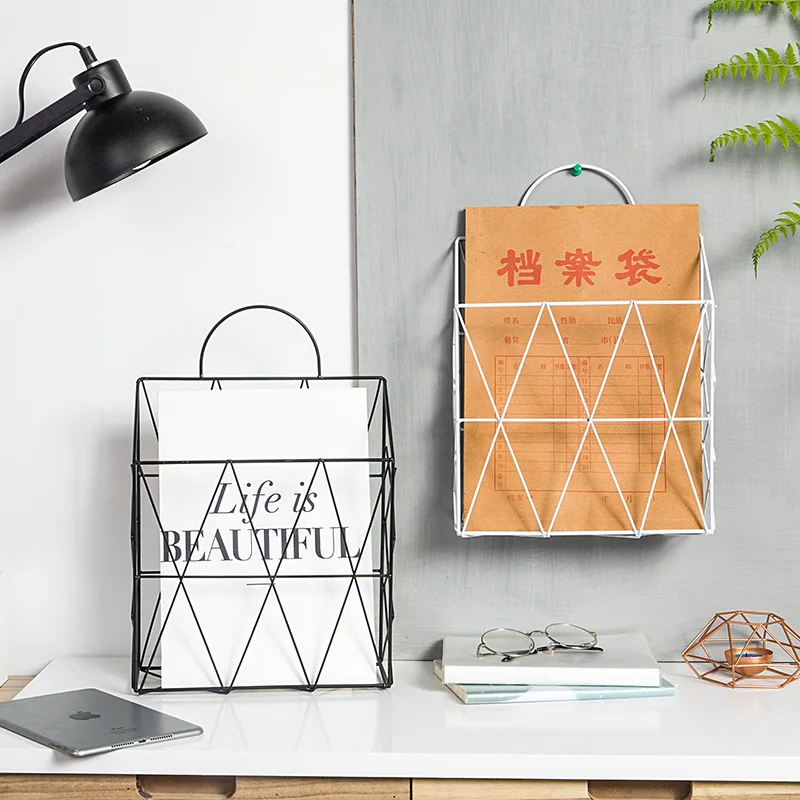 

Newspaper Storage Rack Wall Mounted Magazine File Holder Metal Wire Geometric Organizer Basket Home Living Room Decoration