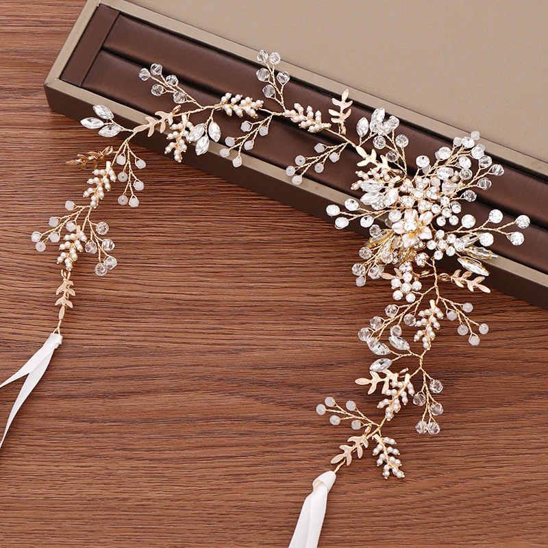 Золото Цвет лист Стразы диадема ободок для волос свадебные аксессуары ручной