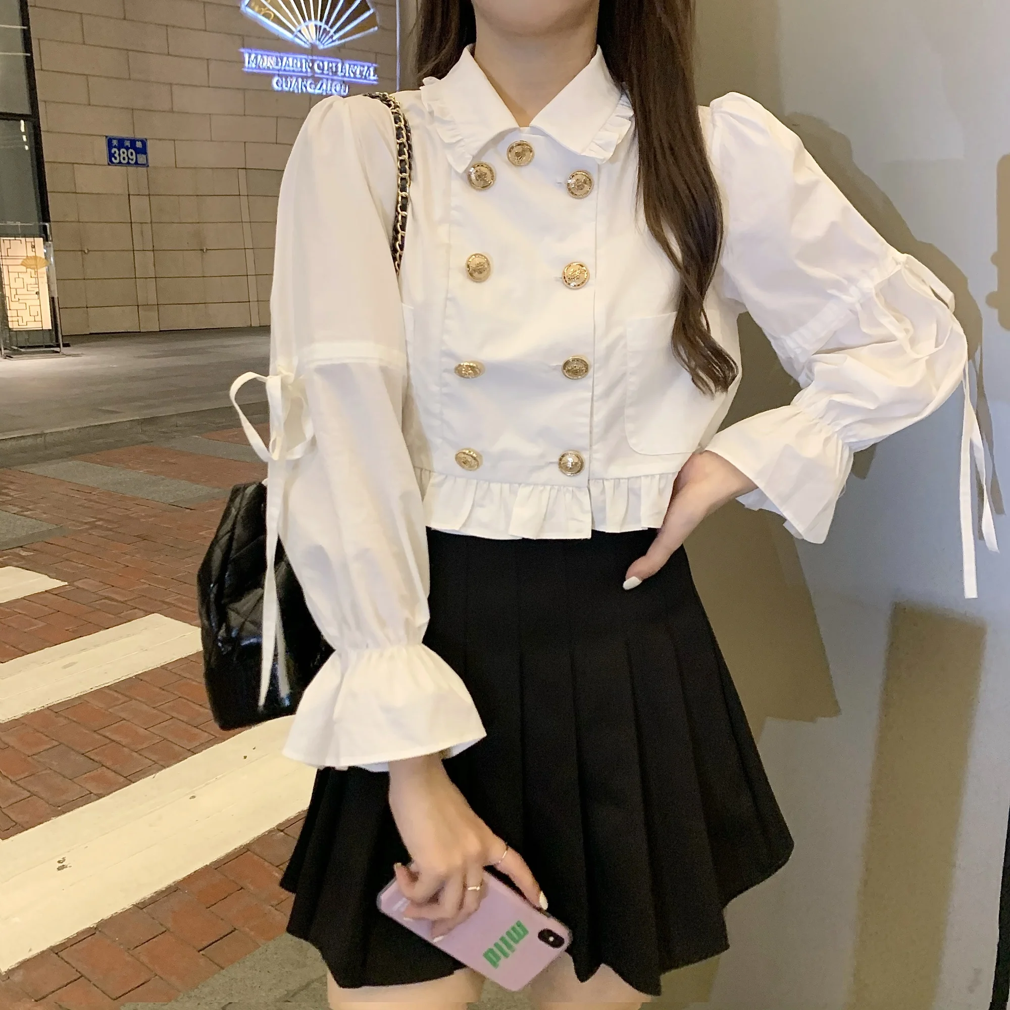 

Autumn/winter 2021 New Vintage Court Style Shirt Women's Design Double Breasted Loose Short Long Sleeve Shirt Top