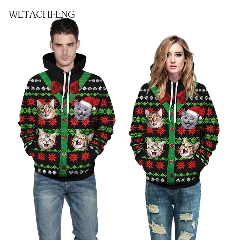 

Christmas Sweater Cute Cat 3D Printed Mens Oversized Hoodie Winter New Year Hooded Funny Novelty Holiday Party Jumpers Tops Coat