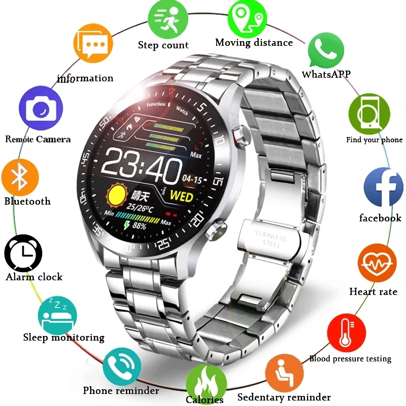 

GEJIAN New Steel Band Smart Watch Men Heart Rate Blood Pressure Sports Multi-Function Full Touch Screen Waterproof Smartwatch
