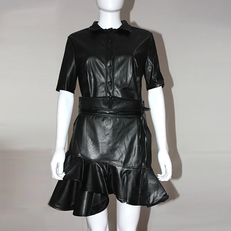 Solid PU Button Design Top& Ruffles Skirt Sets