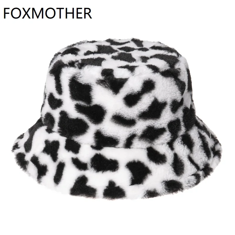 Новинка модная черно-белая мягкая теплая рыболовная Кепка FOXMOTHER из искусственного меха с принтом коровы Головные уборы Панамы шляпы для жен...