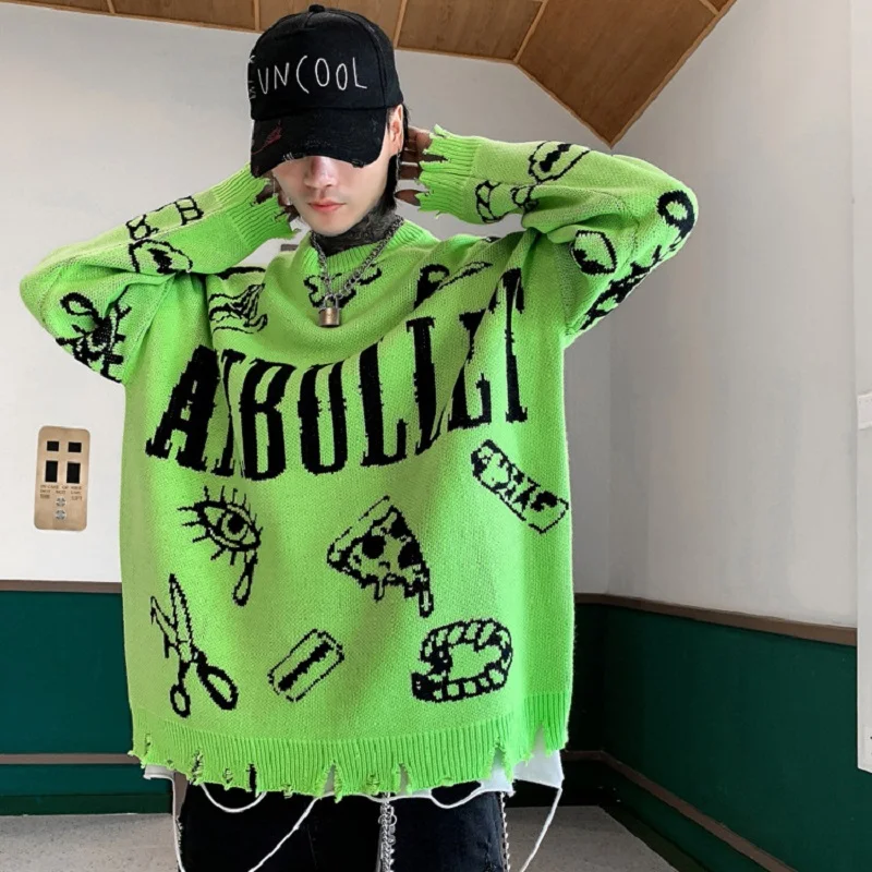 

Men's Oversize Sweaters 2021 Autumn Winter Tops Graffiti Hole Clothing Hip Hop Streetwear Pullover Harajuku Sweater Men