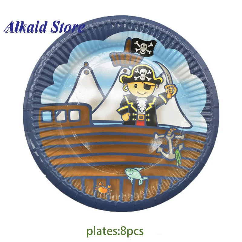8pcs plates Мультяшные синие пиратские бумажные тарелки и стаканы, одноразовые столовые приборы, принадлежности для дня рождения, украшения для свадьбы, для детского праздника - Цвет: 8pcs plates