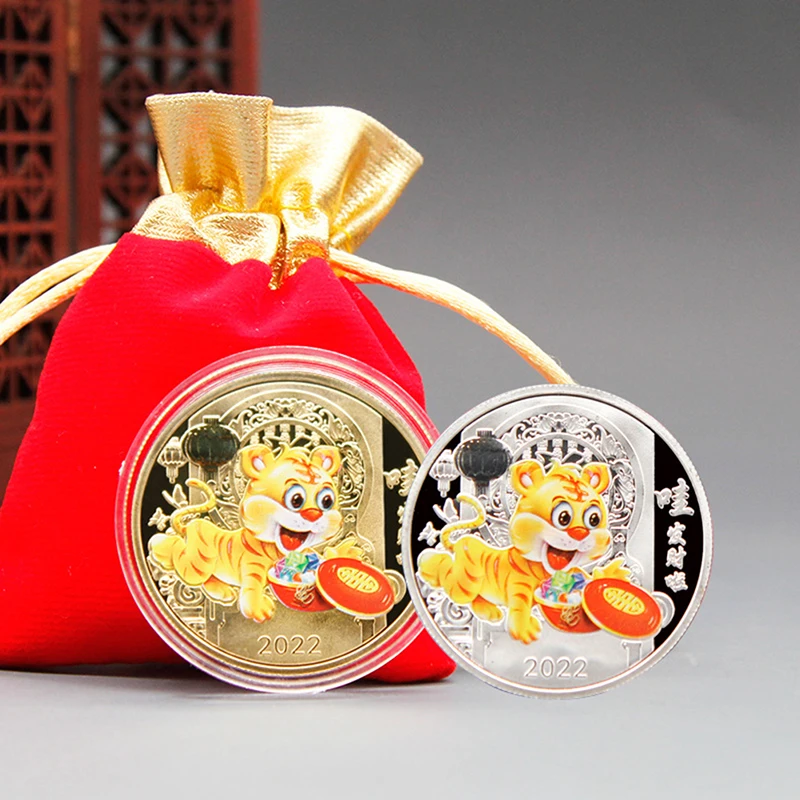 

2022 Chinese New Year Tiger Commemorative Gold Coin Covers Crafts Coin with bag New Year Gifts