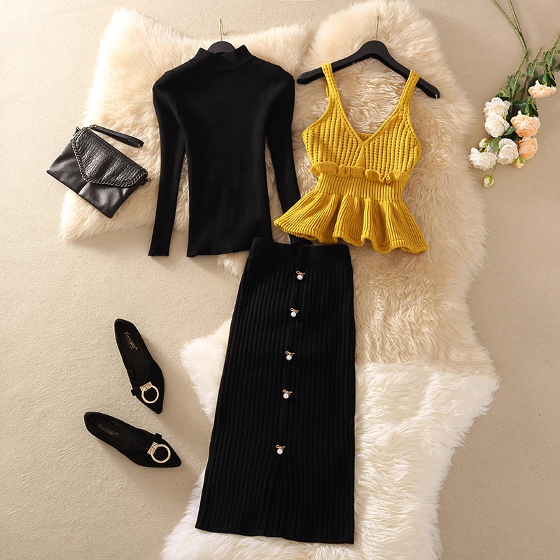 

Women Autumn Winter Knitted 3 Three Piece Set Suit Basic Sweater &Ruffle Ruched Vest &Long Pearl Beading Skirts Chic Outfits New