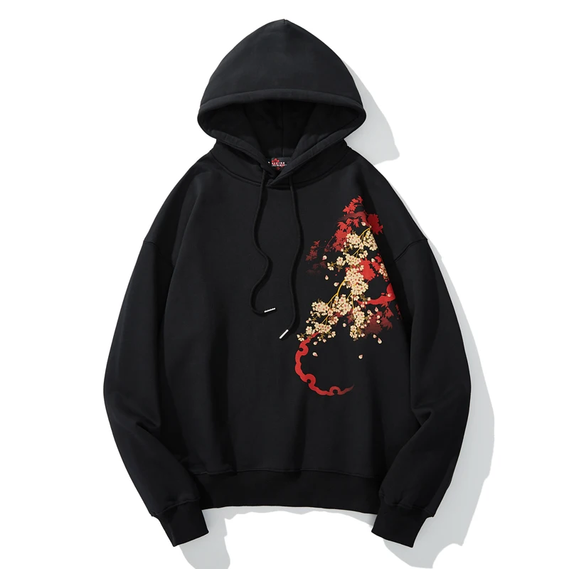 Makuluya Men Boys Fashion Streetwear Spring Autumn Velvet Lining Pullover Hoodies Geisha chrysanthemum Sakura Printed Pattern L