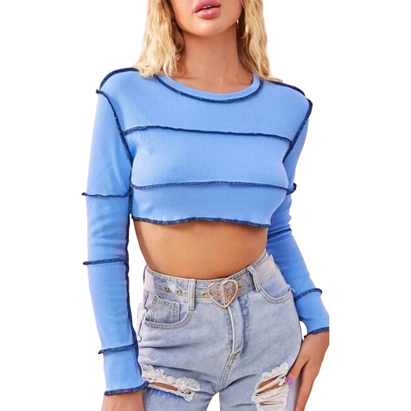 

Women T-shirt Top Patchwork Color Khaki 2021 Knitted Ribbed Lady Tee Shirts Autumn Bodycon Tops Sexy Crop Chic Streetwear M0632