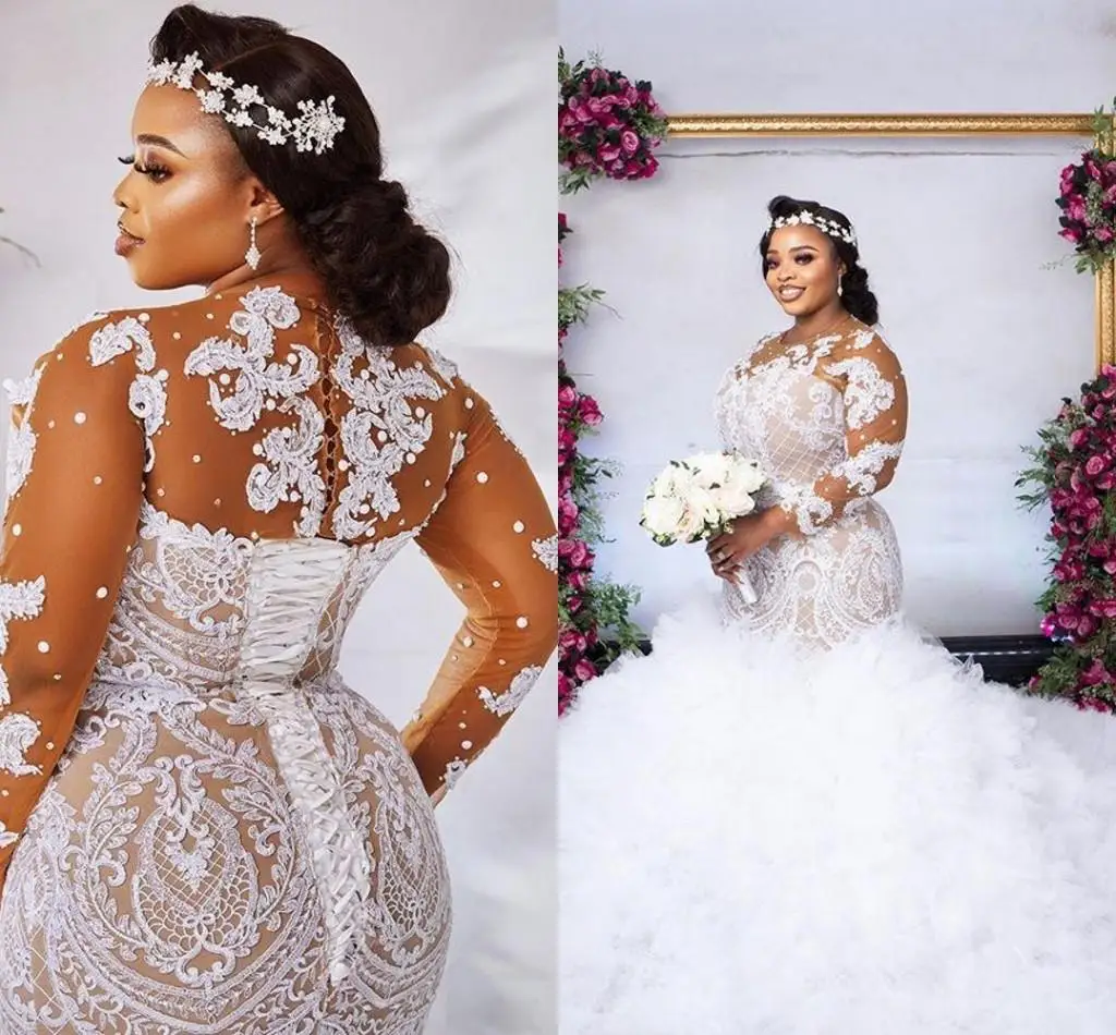 

South African Plus Size Wedding Dresses Lace Applique Court Train Mermaid lace-up Bridal Gowns Long Sleeve Robe De Mariee