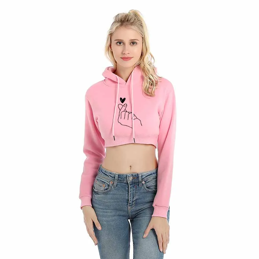

Finger Heart Love Pattern HoodiesSpring Crop Top Women Long Sleeve Cotton Pullovers Harajuku Hoodie Ladies Pullover Sweatshirts