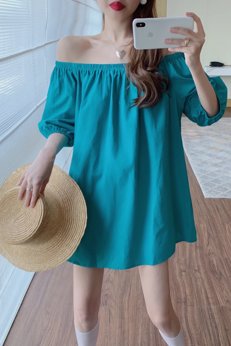 

COIGARSAM Loose Women Mini dress Summer Slash neck Dresses Blue 0582