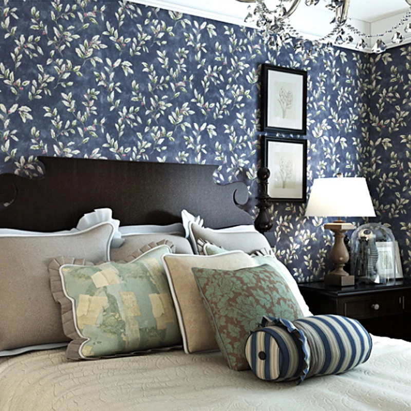 

Occident Pastoral Florals 3D Pure Paper Wallpaper Dark Blue Living Room Bedroom Background Wall Paper Home Decor Papel De Parede