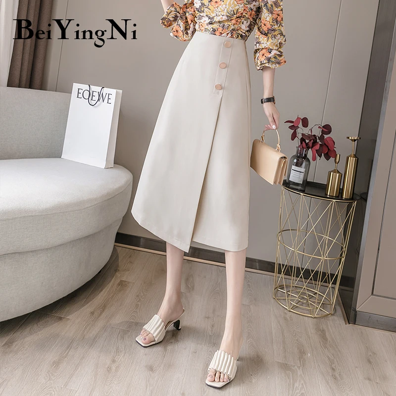 

Beiyingni Womans Skirt Solid Color Midi A Line Irregular 2020 Vintage Casual Slim Skirt Women Black Fashion Buttons Chic Jupes