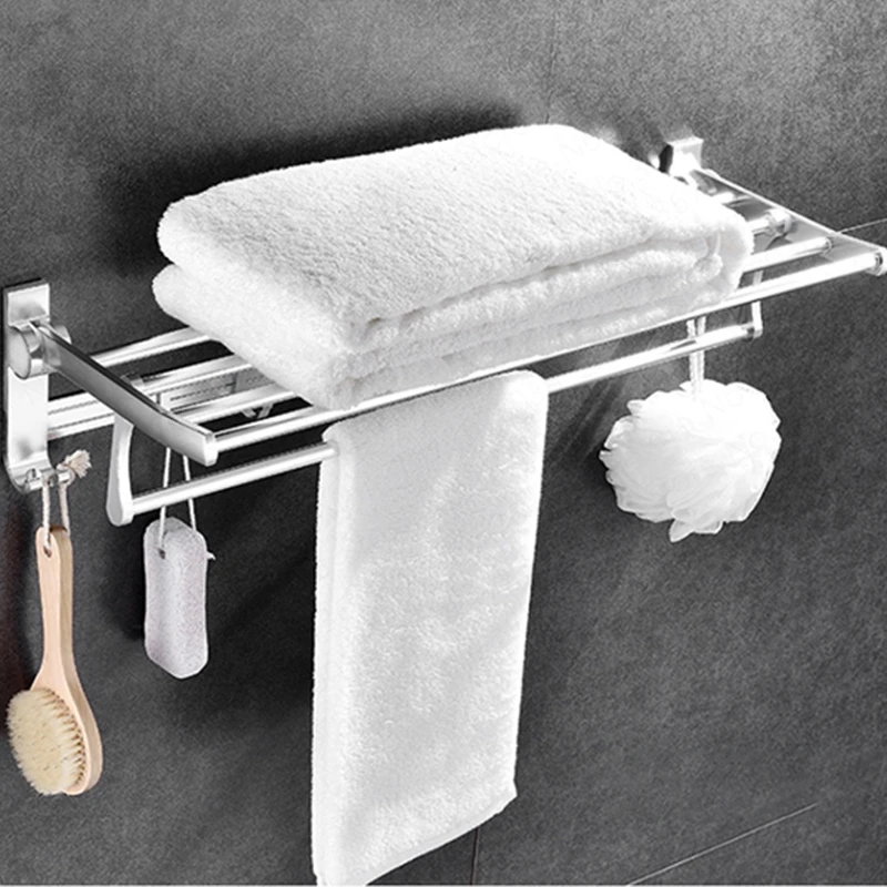 

Bathroom Wall Hanging Towel Rack Free Punching Bathroom Bathroom Rack Folding Towel Rack Space aluminum Double Rod Hanger