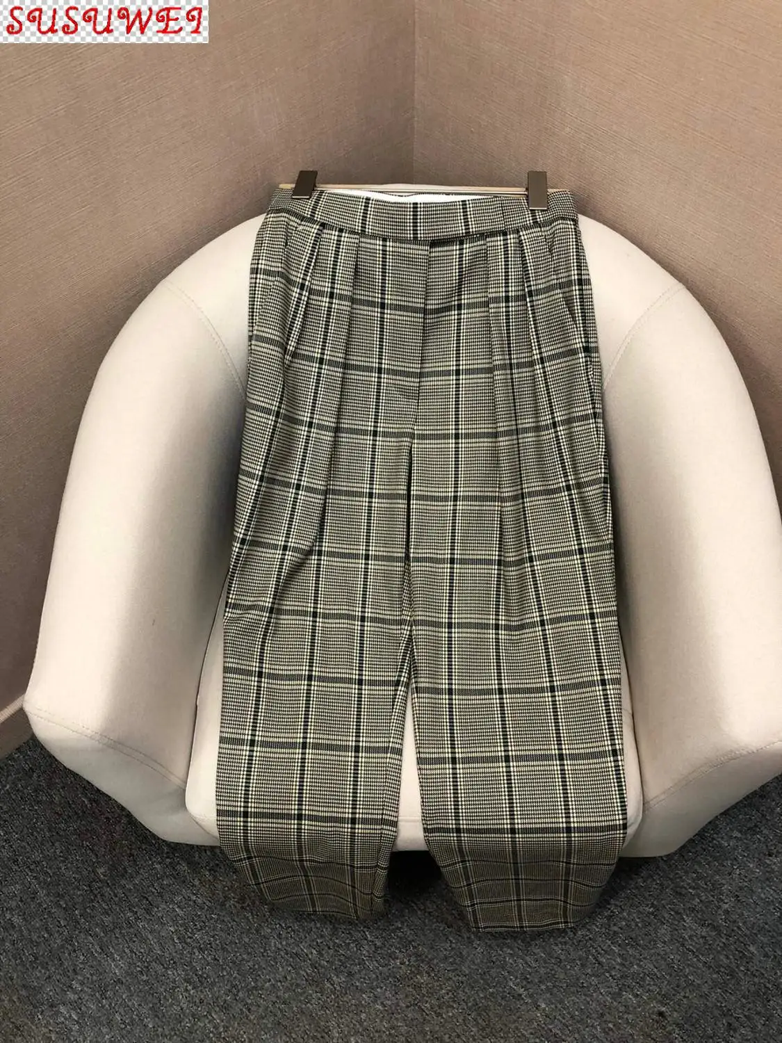 

Luxury Design Premium Quality High Waist Wool Blend Plaid ELegant Lady Office Style Pencil Trousers