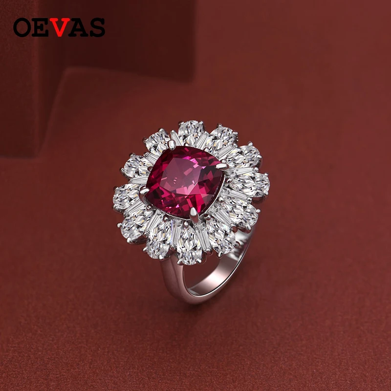 

OEVAS Luxury 9x9MM Ruby Created Moissanite Gemstone Rings for Women Solid 925 Sterling Silver Wedding Band Engagement Ring