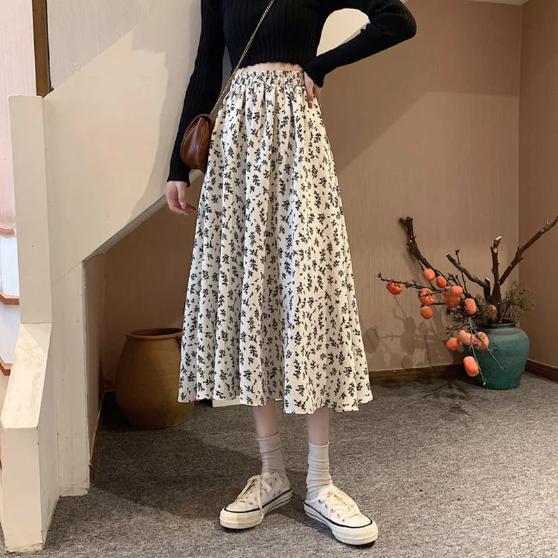

Spring And Autumn Korean Elastic Waist Mid-Length Section Is Thin And Temperament Floral Chiffon A-Line Skirt Female Skirt