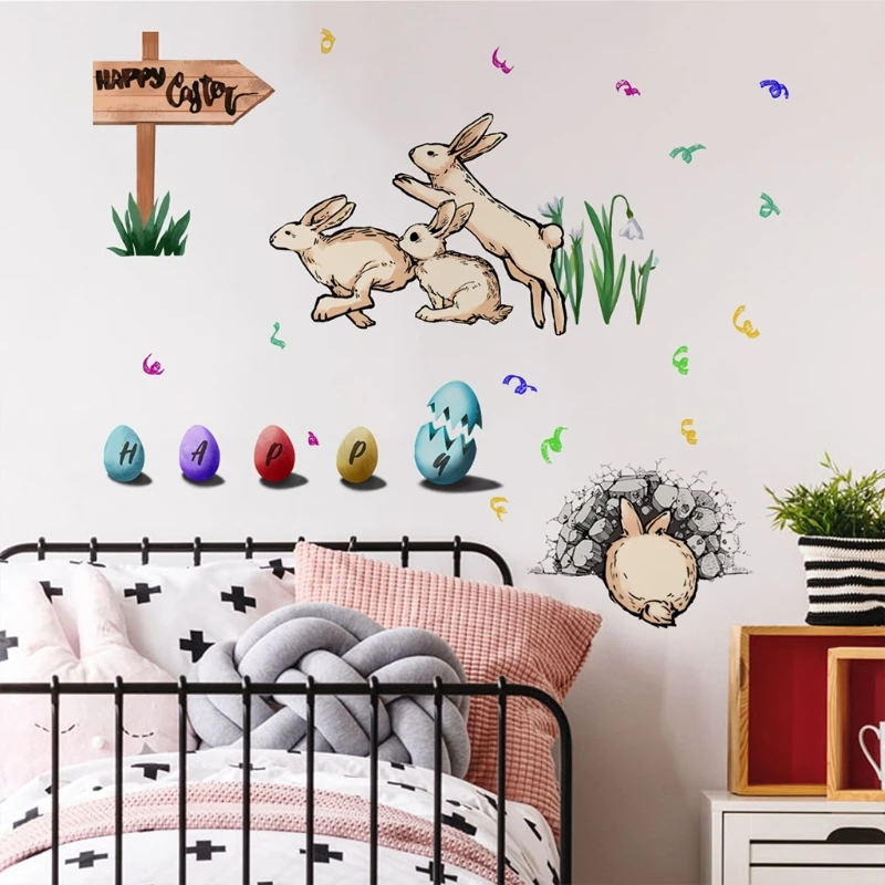 

53CB, 2 шт., украшения для счастливой Пасхи, наклейки на стену в виде кролика, зайчика, яиц, настенные наклейки со стеклянными элементами, Декор ...