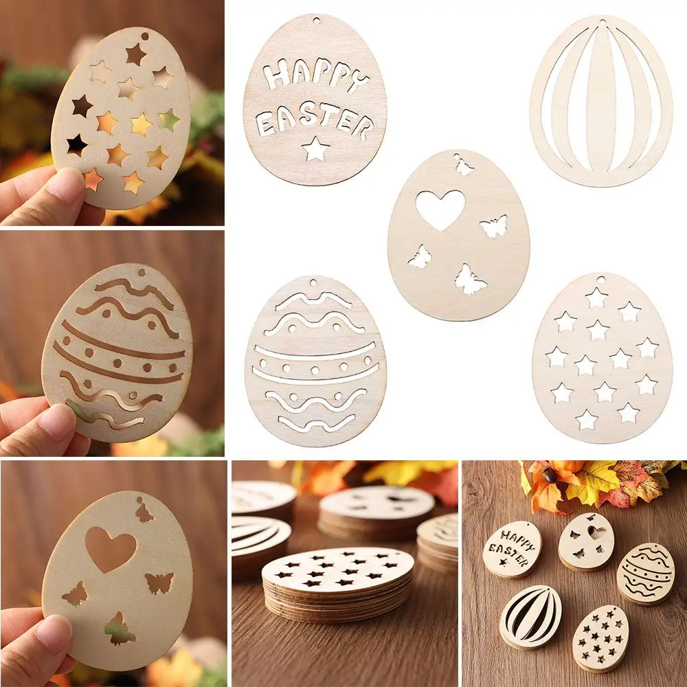 

10pcs Chip DIY Crafts Embellishments Pendant Hanging Ornament Natural Wood Scrapbooking Unfinished Easter Eggs