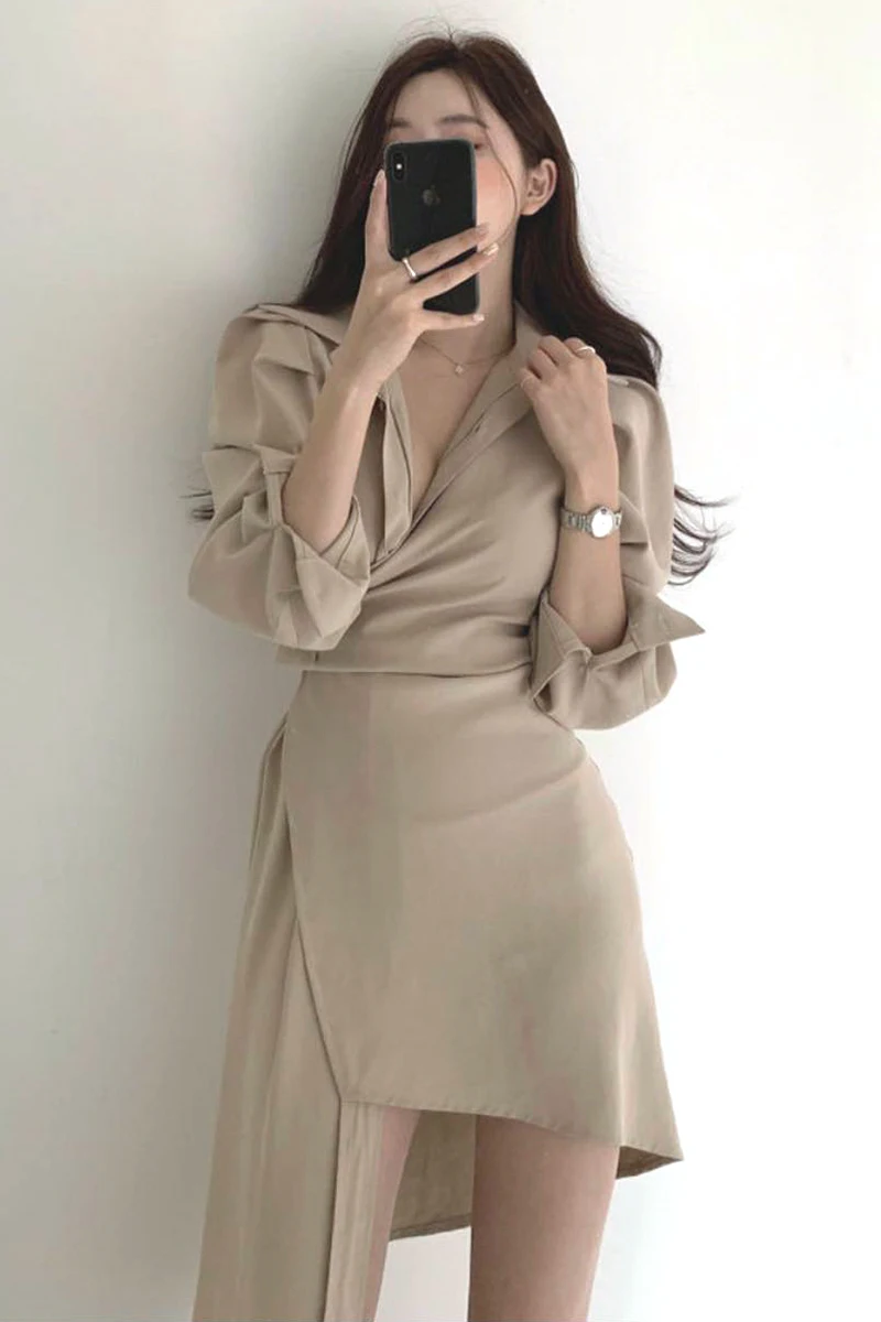 

ladies dresses women 2021 spring korean clothes fashion feminine elegant casual black party solid color long sleeve shirt dress
