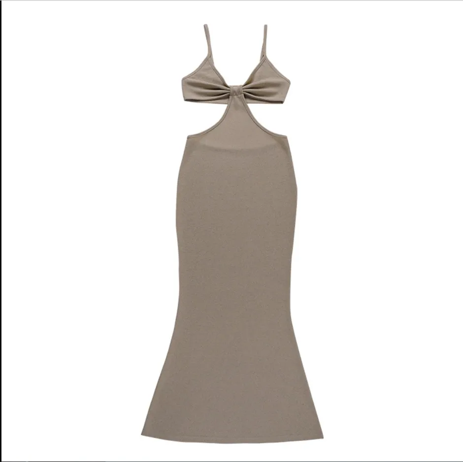

Womens Sexy Suspender Long Dress Fashion Solid Color Hollow Backless High Waist Tight Dress