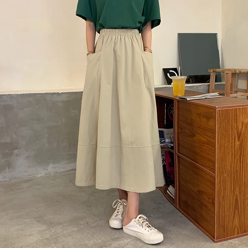 

Alien Kitty 2021 Hot Summer Women Skirts High Waist Thin Pockets Korean Solid Color A-Line Basic All-Match Minimalist New