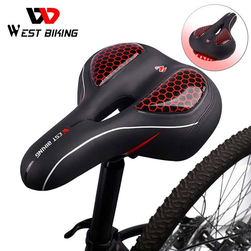 

WEST BIKING Comfortable MTB Bike Saddle Seat with Cycling Taillight Thicken Wide Bike Bicycle Saddles GEL Hollow Bicycle Saddle